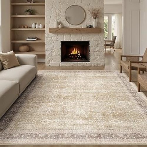 DCX Machine Washable Brown and Beige Area Rug 9x12, Non Slip Stain Resistant Vintage Rug for Living Room Bedroom Nursery, Soft Low Pile Large Carpet