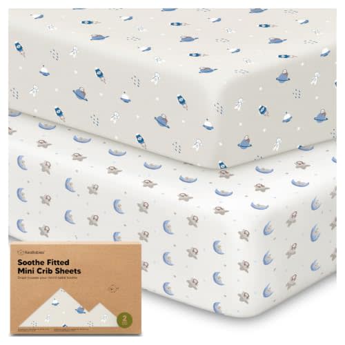 2-Pack Mini Crib Sheets Fitted, 38x26 Pack N Play Mattress Sheets (Cosmo) | Organic Cotton Sheets for Pack and Play Mattress, Soft, Breathable Playard Bedding Sheet, Mini Toddler Bed Cover, Boys, Girls