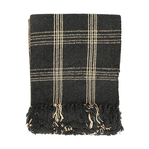 Plaid Black & Tan Fringed Woven Cotton Blend Throw
