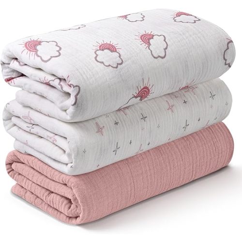 Muslin Swaddle Blankets for Newborn, 3 Pack Breathable Soft Receiving Blanket, Large 38 x 40 inches Swaddle Wrap Burping Clothes Diapers, Essentials Infant Shower Items, Toddler Gift (Clouds & Stars)