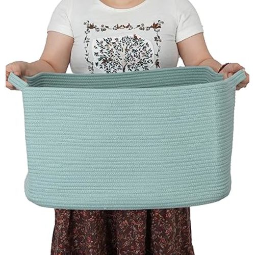 Large Rectangle Blankets Basket Living Room 22"x17"x12" Woven Cotton Rope Storage Baskets for Nursery Toy Baskets for Kids and Dogs Wicker Laundry Basket Bin for Clothes Towels green