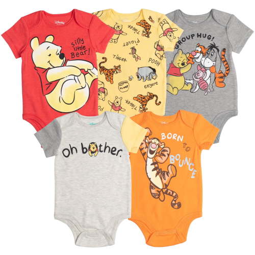 Disney Newborn Boys' Winnie Pooh 5 Pack Onesies, Short Sleeve Romper Outfit, 24 Months