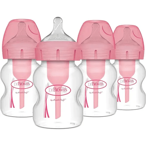 Dr. Brown's Natural Flow Anti-Colic Options+ Wide-Neck Baby Bottles 5 oz/150 mL,with Level 1 Slow Flow Nipple, Pink 4 Pack, 0m+