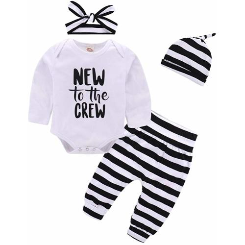 Baby Girl Clothes Set New to The Crew Print Long Sleeve Romper + Striped Pants+Hat+ Headband 4pcs Outfits