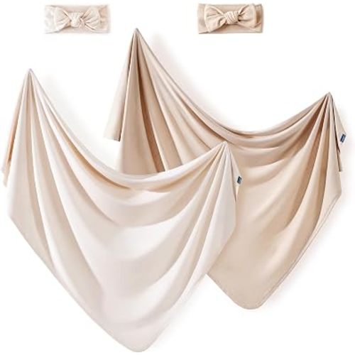 GRSSDER Newborn Swaddle Blanket Set for Girls (2 Blankets & 2 Bow Headbands), Ultra Soft Stretchy Jersey Knit Extra Large Size 33 x 44 Receiving Blankets for Easy Swaddling Baby Snug and Cozy