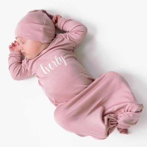Personalized Silky Knotted Baby Gown with Hat, Unisex, Boys, & Girls, Newborn Baby Coming Home Outfit, Personalized Baby Gift, Baby Shower