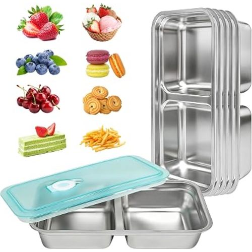 6 PCS Stainless Steel Snack Containers, Double Compartment Bento Box (30oz) with Leakproof Lids, Food Lunch Storage Box Dishwasher Safe & Reusable for Lunch Prep, Travel, Outdoor Camping