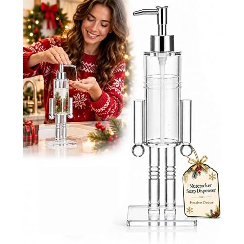 Nutcracker Soap Dispenser, Clear Refillable Christmas Pump Bottle