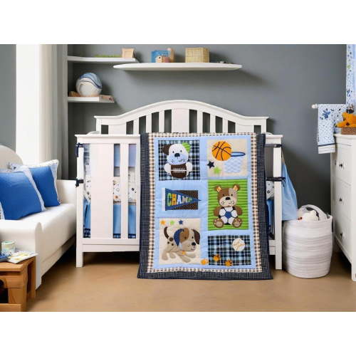 Sports Puppy 2-Piece Crib/Toddler Bed Comforter Sets, Gray Sport Puppy (Quilt and Crib Sheet, come with a dust ruffle as gift)