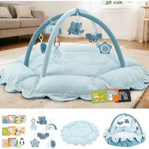 5-in-1 Baby Activity Gym & Play Mat with 6 Hanging Toys, Tummy Time Mat & Cards - Extra Large, Reversible Machine Washable Pad - Gift for Newborns, Infants 0-12 Months, Blue