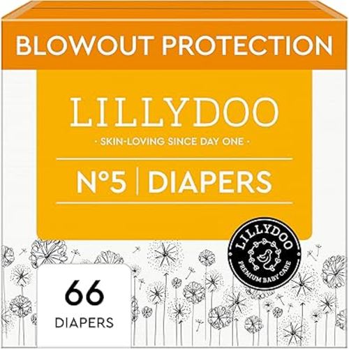 LILLYDOO Baby Diapers - Size 5 (24-35 lbs), Half-Monthly Supply (66 Count), Leak Protection, Skin-Friendly, Ultrasoft, Perfume- & Chlorine-Free, Hypoallergenic, Dermatologist Tested, Oeko-TEX®