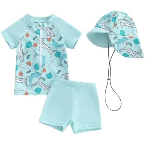 Toddler Baby Boys 3 Pieces Swimsuit Set Swimwear Dinosaur Shark Zipper Bathing Suit UPF 50+ Rash Guards with Hat