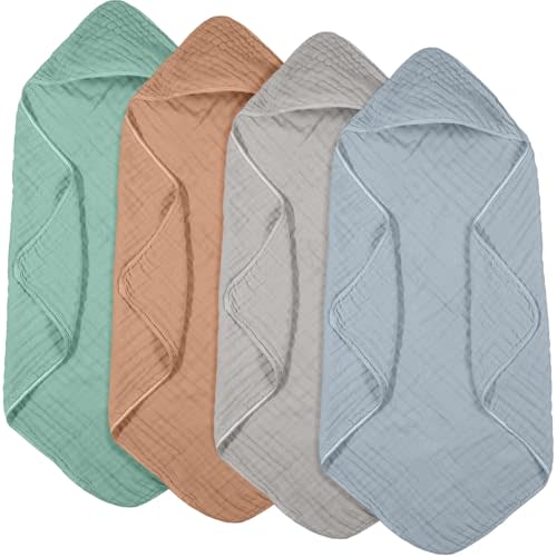 Peryiter 4 Pcs Muslin Hooded Baby Towels, 32x 32'' Cotton Newborn Bath Towel Muslin Infant Baby Blankets Absorbent Unisex Christmas Registry Gift Essentials for Girls Boys (Green,Gray,Rust,Blue)