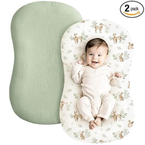 Konssy Muslin Baby Lounger Cover 2 Pack, 100% Cotton Newborn Lounger, Soft and Breathable for Boys & Girls (Woodland, Sage)