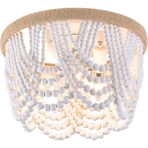 Farmhouse Small Chandelier Light Bohemia Wood Beaded Flush Mount Ceiling Light Antique Rustic Mini Chandelier White Finishing for Bedroom, Kitchen Island, Girl Room 3- Light
