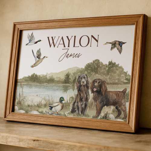 Boykin Spaniel Name Print Personalized Duck Vintage Hunting Dog Baby Boy Art for Bedroom Mallard Duck Nursery Wall Decor Custom Framed Art