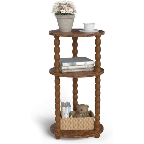 Tohiasen 3 Tier Side Table - Compact End Table with Solid Wood Legs, Small Nightstand with Open Shelves for Living Room Bedroom Office Nursery Small Spaces (Rustic Brown, Round)