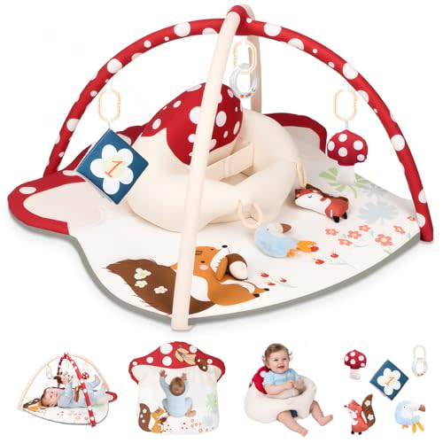 Baby Play Mat & Baby Seats for Infants for Sitting Up | Tummy Time Gym Activity Mat with 5 Detachable Toys for Stage-Based Sensory | Babies Essentials Gift for Newborn 0-6-12-18 Months (Red)
