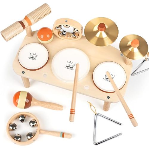 Kids Drum Set - Montessori Toys for 2 Year Old Boy Girl Birthday Gifts, 11 in 1 Wooden Musical Instruments for Toddlers 2-3, Musical Activity Table Preschool Learning Toys for Baby 18+ Months