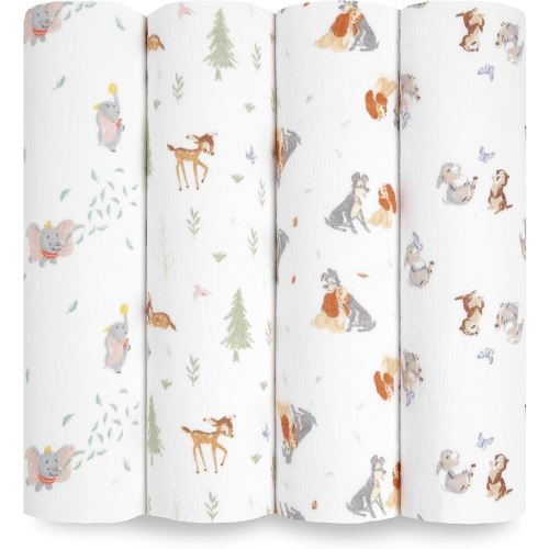 aden + anais Essentials Disney Baby Muslin Swaddle Blankets, Newborn Receiving Blanket for Swaddling, 100% Cotton Baby Swaddle Wrap, 4 Pack, Disney + Friends