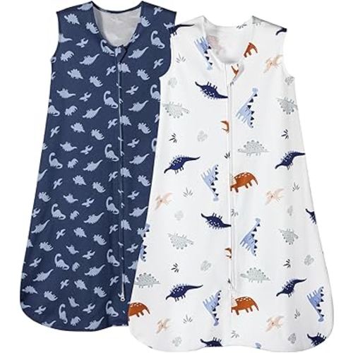 PHF 100% Organic Cotton Baby Sleep Sack, 0-6 Months Baby Wearable Blanket, 2-Way Zipper Infant Sleeping Sack for Baby Boys Girls, 2 Pack Comfy Small Size Sleeveless Sleeping Bags, Dinosaur