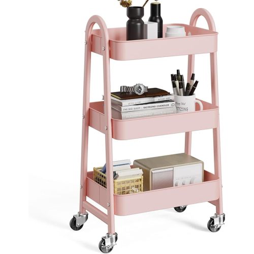 OLIXIS 3 Tier Utility Rolling Cart, Metal Mobile Storage Shelf with Lockable Caster Wheels, Organization for Livingroom, Bathroom & Narrow Places, Pink