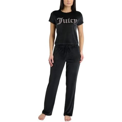 Juicy Couture Women's 2 Piece Velvet Fleece Short Sleeve Shirt and Pants Lounge Sleepwear Set