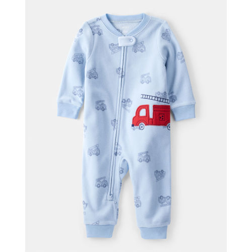 Baby Boy Firetruck Print Loose Fit Long-Sleeve 2-Way Zip 1-Piece Pajamas - Blue - Carter's | Carter's