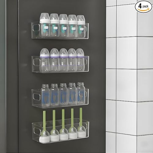 MGY 4Pack Clear Magnetic Baby Bottle Organizer for Refrigerator, Space-Saving Storage Container for Baby Bottles,Bottle Organizer