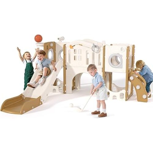 KORIMEFA 11 in 1 Toddler Slide Set - Baby Slide for Toddlers 1-3 with Ring Toss and Basketball Hoop, Indoor Outdoor Toddler Playset Playground, Coffee