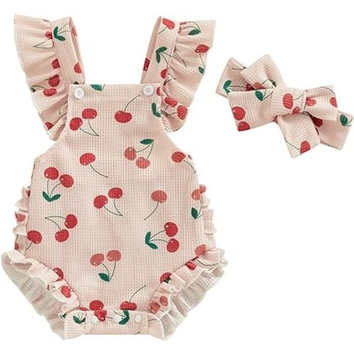 Infant Baby Girl Summer Clothes Outfits Cute Print Fly Sleeve Romper Jumpsuit Bodysuit with Headband