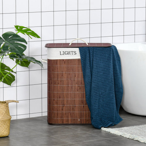 Bay Isle Home™ Bamboo Laundry Basket With Lid And String Handles, Collapsible Laundry Hamper With 2 Removable Bags, 2 Section Laundry Sorter, 2 X 13.2 Gallons (50L) & Reviews | Wayfair