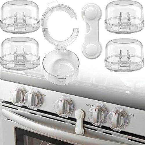 Stove Knob Safety Covers, V-0 Flame Retardant, 5 Covers & 1 Lock