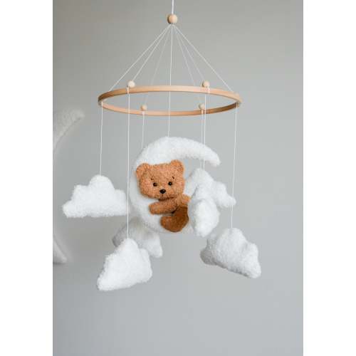 Teddy bear baby mobile with Boucle clouds