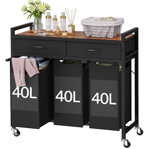 Laundry Sorter 3 Section, Laundry Hamper with 2 Drawers & 2-tone top panel, 120L Rolling Laundry Basket Organizer, Pull-Out Removable Oxford Fabric Laundry Bags for Laundry Room Organization, Bathroom