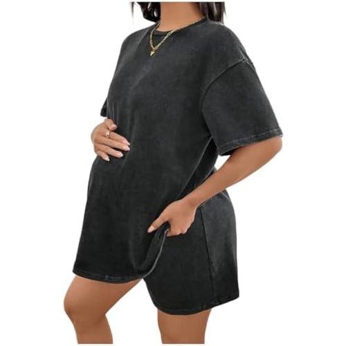 OYOANGLE Women's Maternity 2 Piece Lounge Set Short Sleeve Drop Shoulder Tee and Shorts Summer Travel Outfits