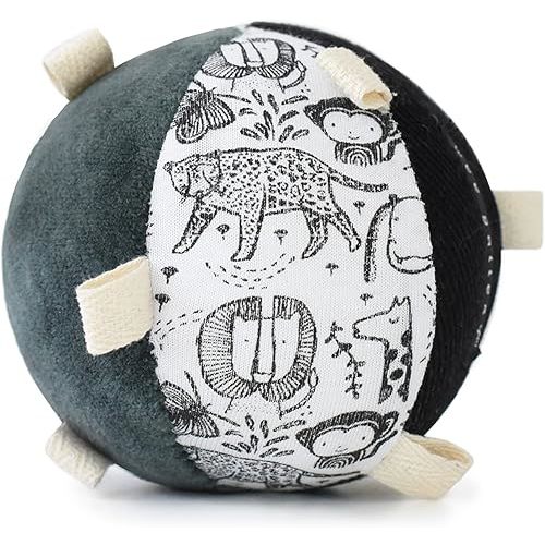 Wee Gallery Taggy Ball with Rattle, Soft Sensory Baby Toy, Sensory Ball with Organic Cotton Fabric, Little Tags & Gentle Rattle for Tummy Time, Grasping & Developmental Play, Wild