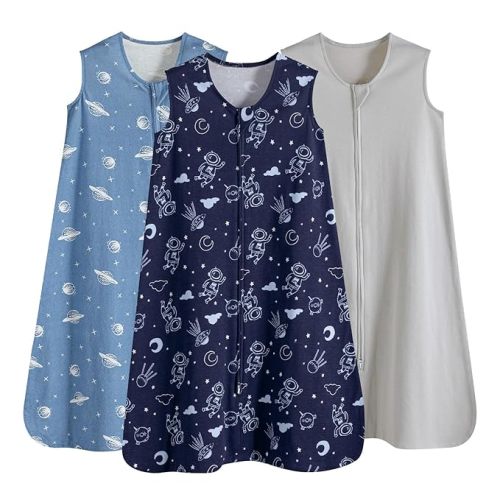 PHF Soft Baby Sleep Sack 6-12 Months 100% Organic Cotton Wearable Blanket, 2-Way Zipper 0.5 TOG Toddler Sleeping Sack 3 Pack, Comfy Sleep Bag for Baby Boys Girls, Navy Space (Medium)