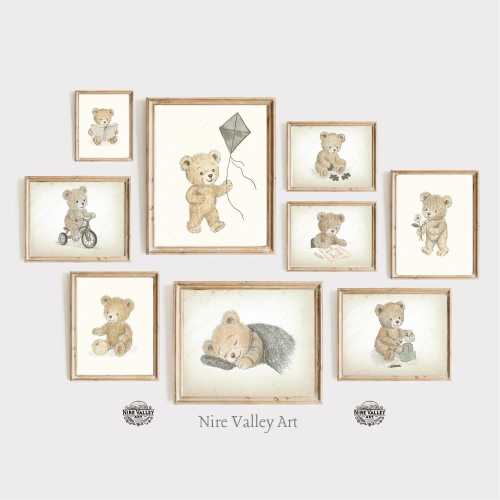 Vintage Teddy Bear Nursery Print, Set of 9 Vintage Gallery Wall Printables, Gender Neutral Baby room Art, Digital Download
