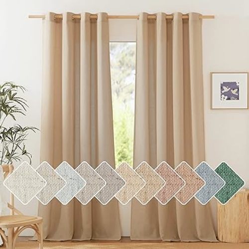 NICETOWN Camel Linen Window Curtains 84 inches Long, Grommet Thick Flax Semi-Sheer Light Filtering Curtains & Drapes Privacy Assured with Light Filtering for Living Room, W55 x L84, 2 Pieces