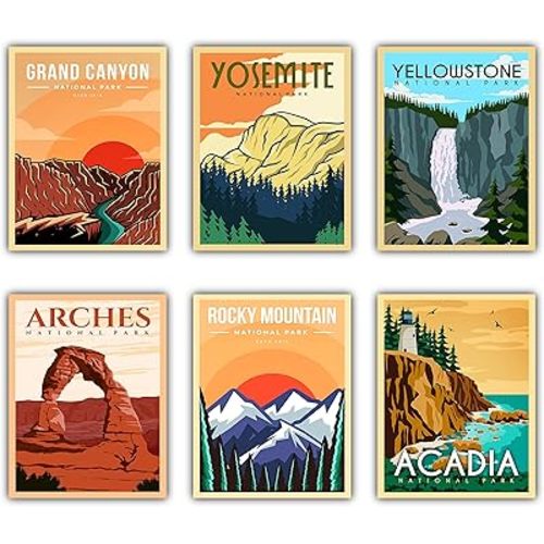 6 Retro National Park Prints, Wall Art & Decor - Grand Canyon, Yosemite, Acadia, Yellowstone, Rocky Mountain, Arches - 8x10 Inches