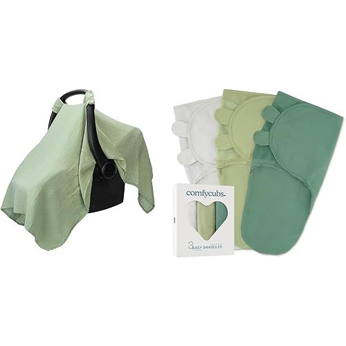 Comfy Cubs Muslin Baby Car Seat Cover and Easy Swaddle Blanket Bundled by Comfy Cubs (Large, Pack of 3) Baby Car Seat Cover and Swaddle Blanket Baby Girl/Boy Easy Adjustable Bundled (Pack of 3) Large