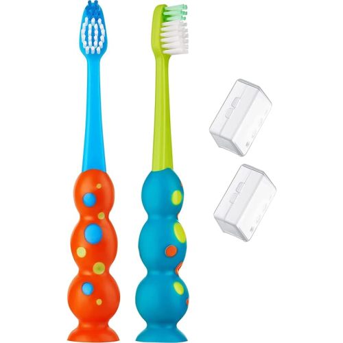 Trueocity Kids Toothbrush 2 Pack - Soft Contoured Bristles - Child Sized Brush Heads (3-10 Year Old) - Suction Cup for Fun & Easy Storage - Girl & Boy Set (2-Pack, Blue & Orange)