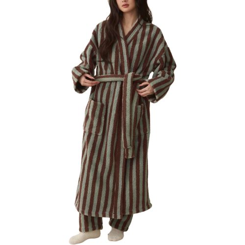 Women's Fuzzy Fleece Long Robe Striped Plush Kimono Warm Thick Fluffy Oversized V Neck Loungewear Maxi Bathrobe