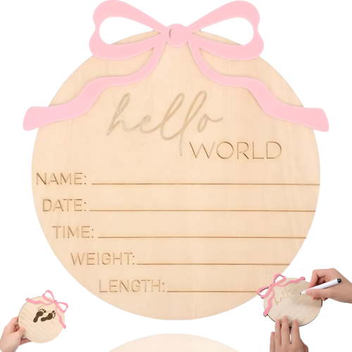 XIBUFE Baby Announcement Sign,Pink Bow Welcome Baby Sign,Wooden Baby Name Sign for Photo Props Hospital Nursery Wooden Name Sign