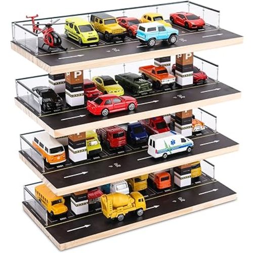 Display Case for Hot Wheels & Matchbox, 1/64 Scale Diecast Toy Car Storage, Parking Garage Diorama - Freestanding Storage with 4 Levels 24 Spots Maximum 40 Cars