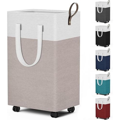 HomeHacks 75L Rolling Laundry Basket with Wheels, Collapsible & Waterproof Laundry Hamper, Mobile Clothes Hamper, Storage Laundry Bins with Handles for Laundry Room, Bedroom, Bathroom & Dor, Khaki