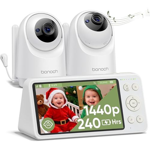 bonoch 1440P 5.5" Split Screen Baby Monitor with 2 Cameras, Smart Detect for Crying/Sleep Turnover/Motion, White Noise, 240 Hour Battery, WPA3 Hack-Proof No WiFi Dual Video Monitor, Night Vision