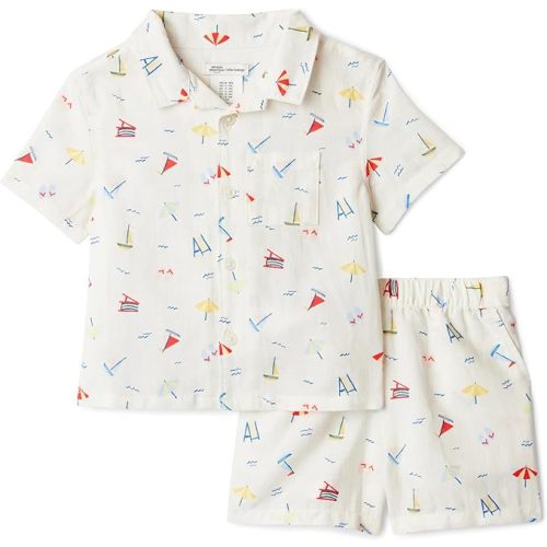 Amazon Essentials x Sofia Grainge Toddlers and Baby Boys' Cotton Linen Short Sleeve Shirt & Shorts Play Set