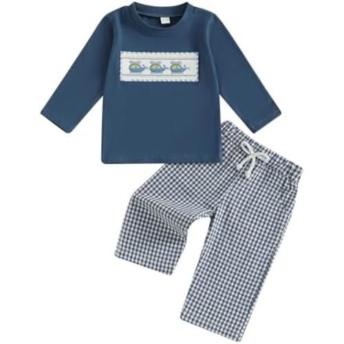 Toddler Baby Boy Fall Outfit Airplane/Boat Smocked Long Sleeve T-Shirt Tops Plaid Pants Set Pilot Planet Clothes
